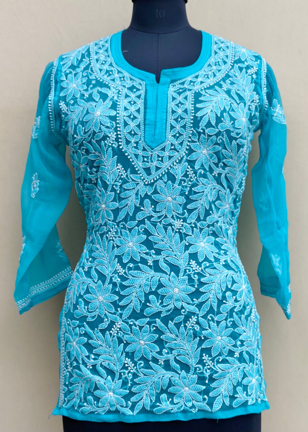 Lucknowi Chikankari Short Kurti Blue Georgette