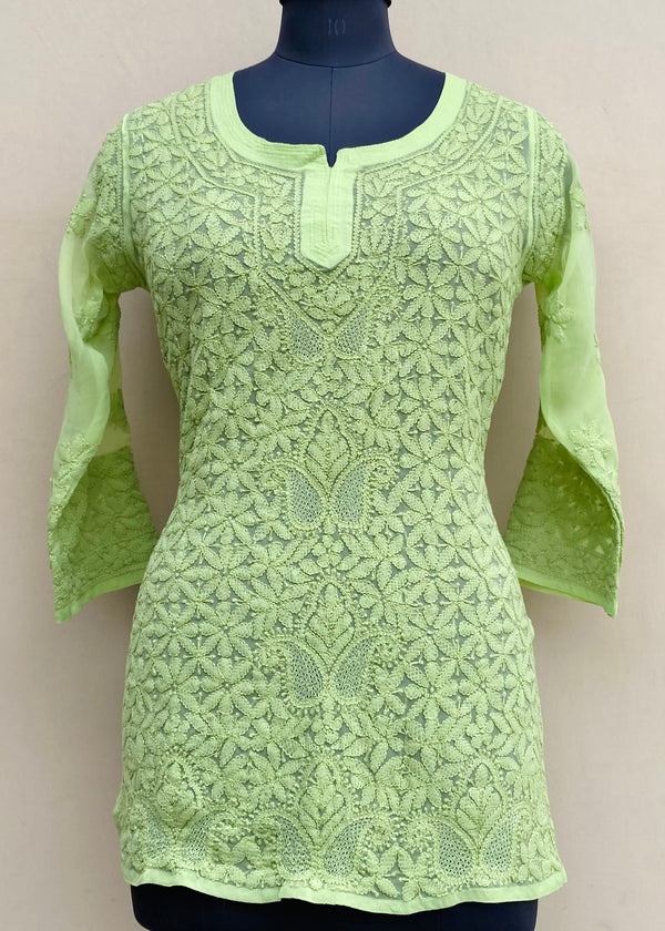 Lucknowi Chikankari Short Kurti Green Georgette With Jaali Work