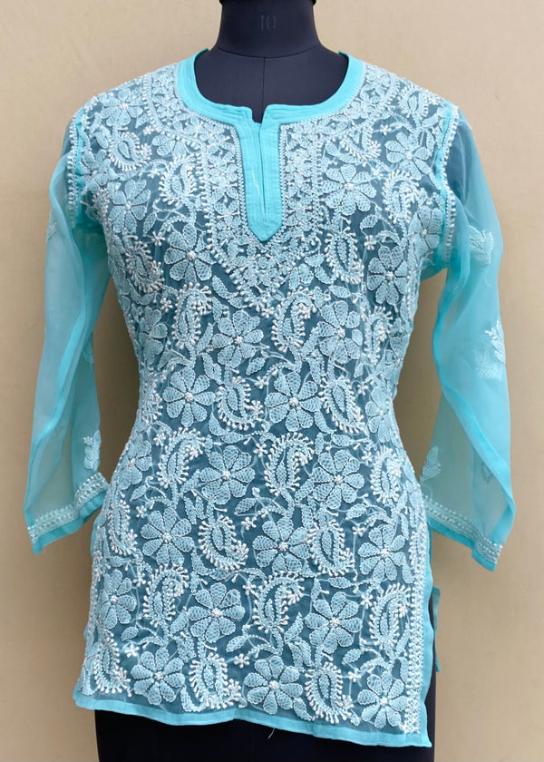 Lucknowi Chikankari Short Kurti Sea Green Georgette