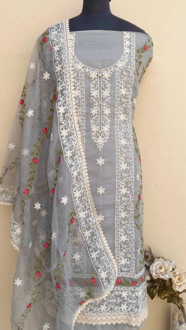 Designer Embroidered Suit Length 3 Piece Gray Kota