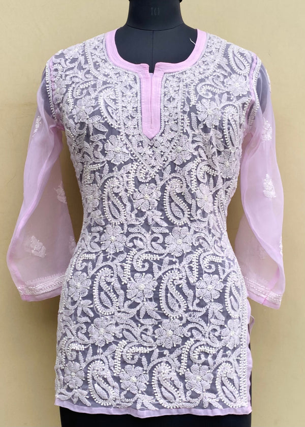 Lucknowi Chikankari Short Kurti Pink Georgette