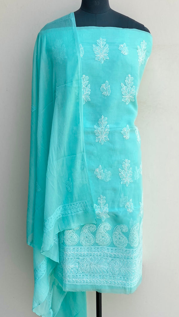 Lucknowi Chikankari Suit Length 3 Piece Sea Green Cotton