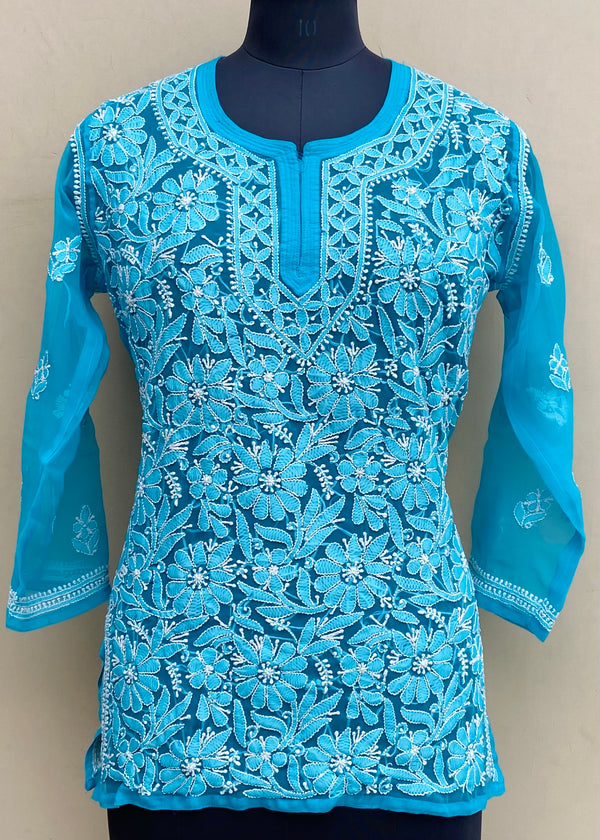 Lucknowi Chikankari Short Kurti Blue Georgette