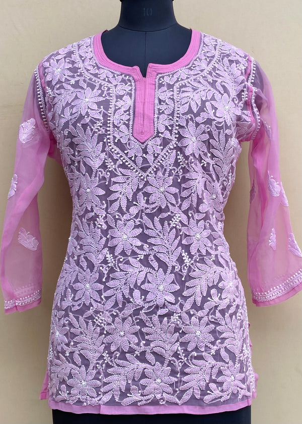 Lucknowi Chikankari Short Kurti Pink Georgette