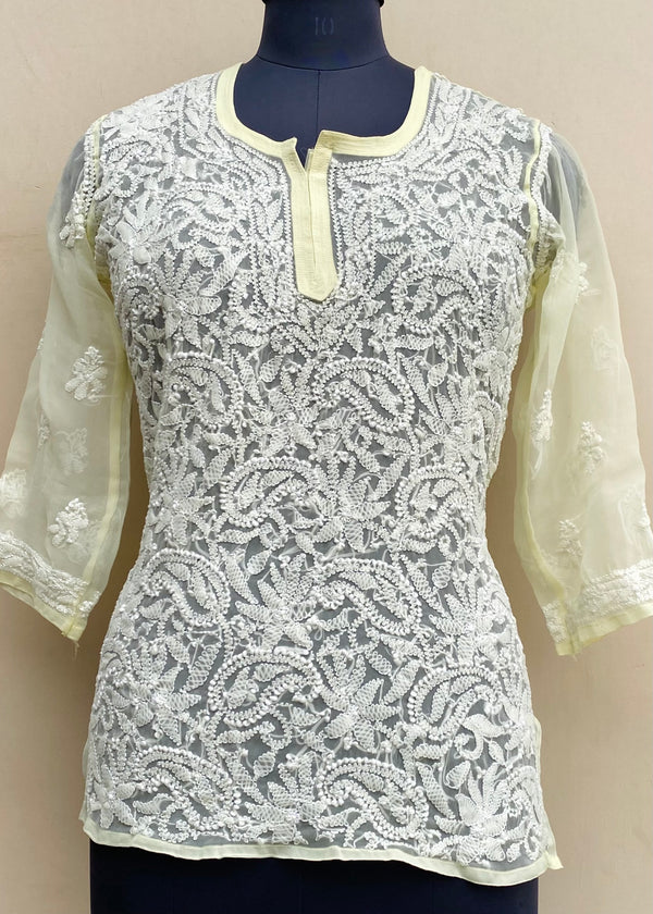 Lucknowi Chikankari Short Kurti Lemon Yellow Georgette