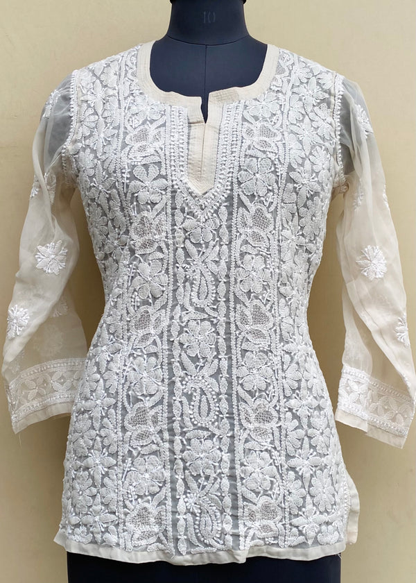 Lucknowi Chikankari Short Kurti Beige Georgette With Jaali Work