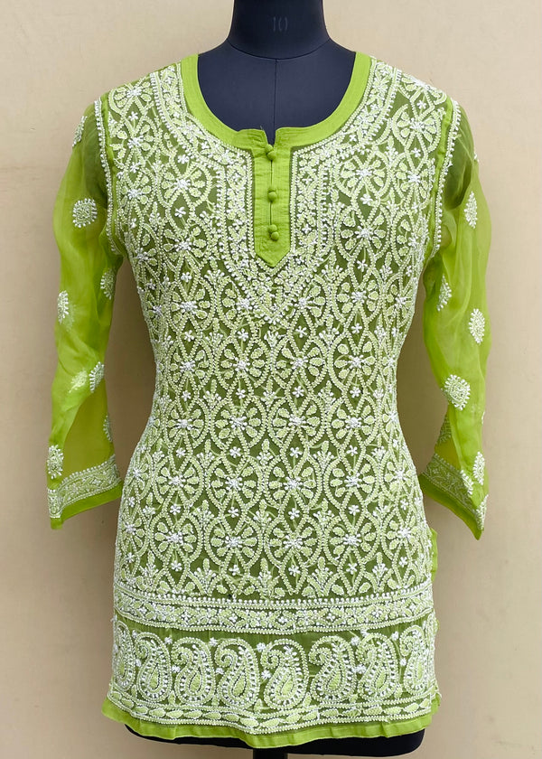 Lucknowi Chikankari Short Kurti Parrot Green Georgette