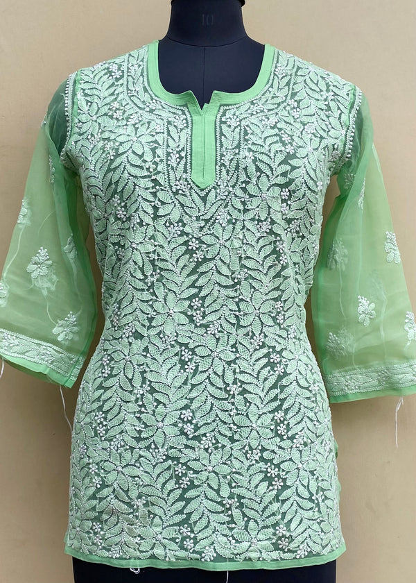 Lucknowi Chikankari Short Kurti Green Georgette