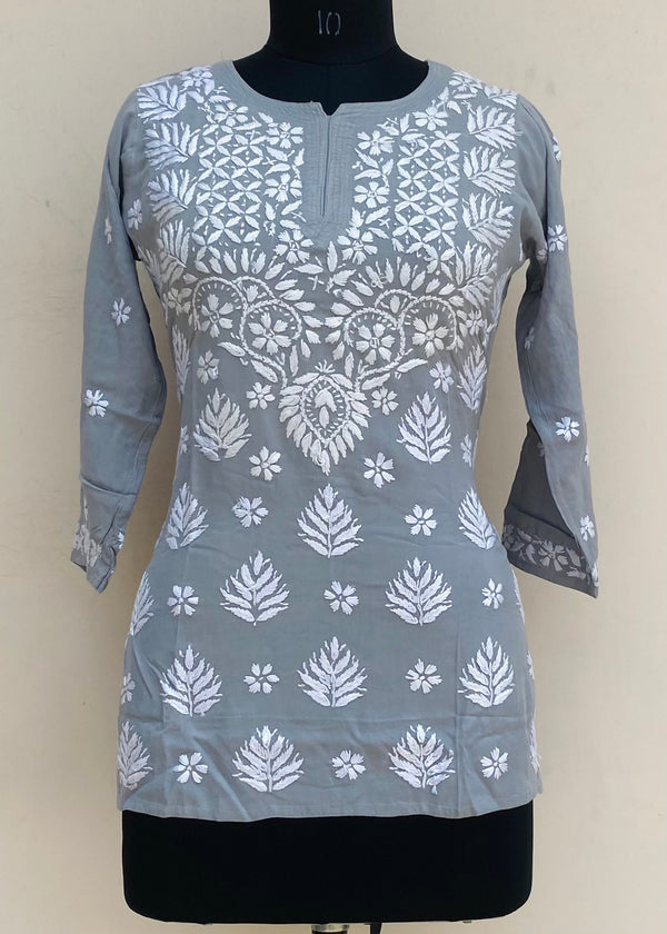 Lucknowi Chikankari Short Kurti Gray Modal Cotton