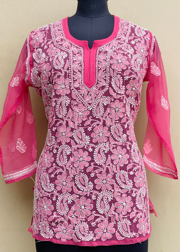 Lucknowi Chikankari Short Kurti Pink Georgette