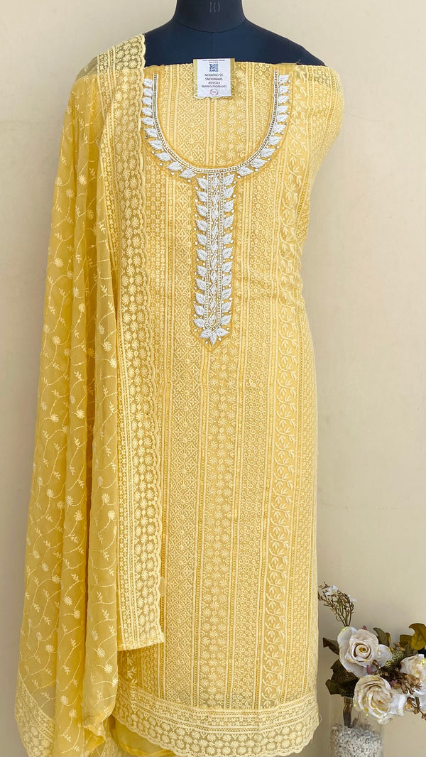 Chikankari Suit Length 3 Piece Yellow Georgette With Pearl, Cutdana & Stone Work