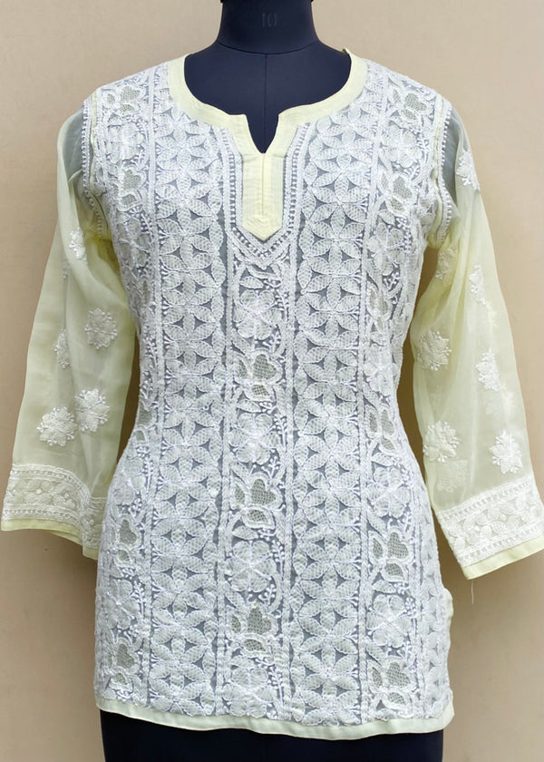 Lucknowi Chikankari Short Kurti Lemon Yellow Georgette With Jaali Work