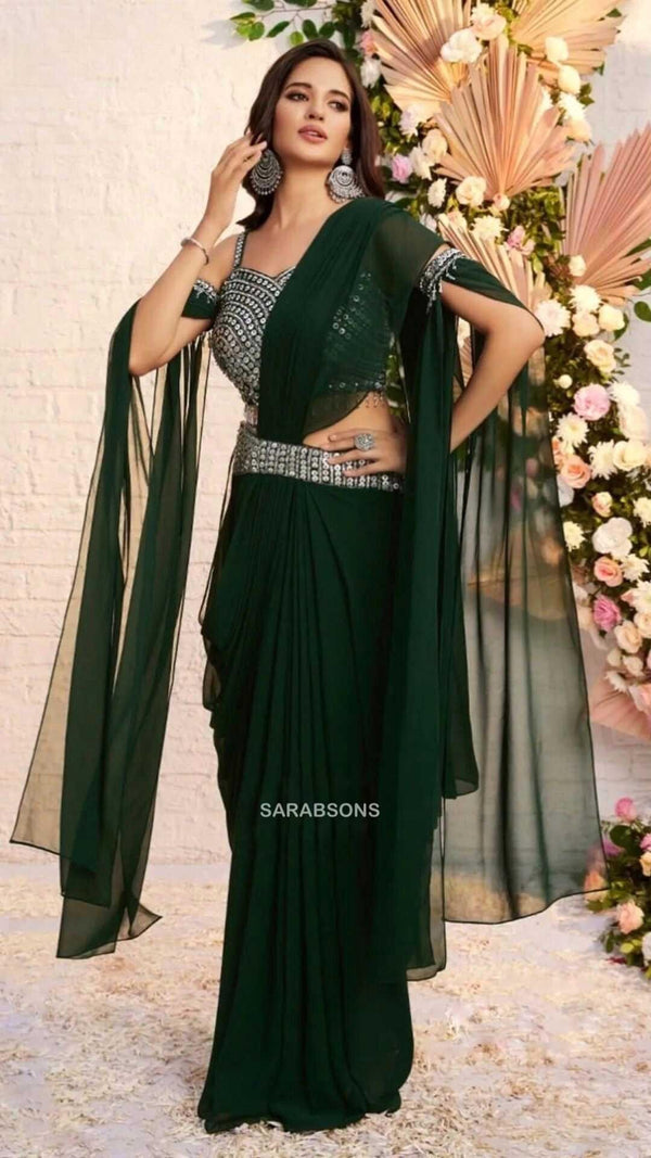 Bottle Green Indowestern Saree with Cold Shoulder Long Sleeves