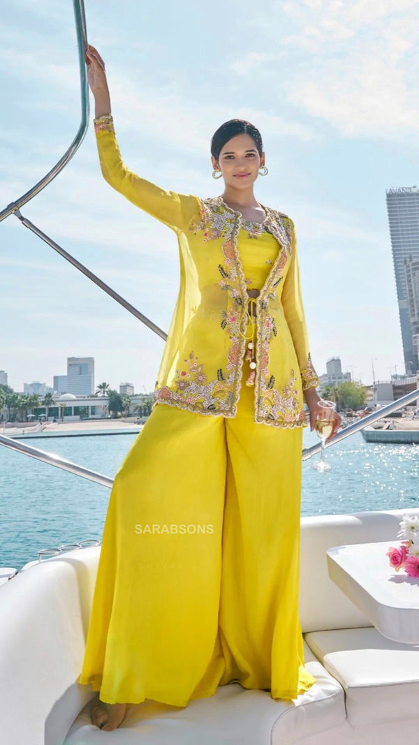 Yellow Indowestern Dress in Organza Jacket with Crop Top and Palazzo