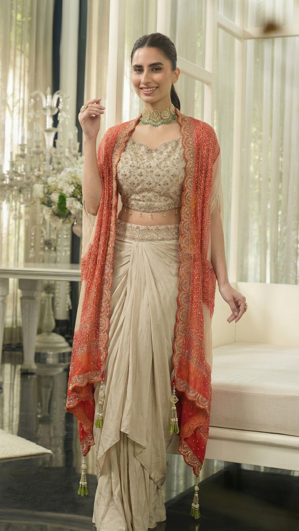 Beige Indo-Western Crop Top Draped Skirt with Cape Set