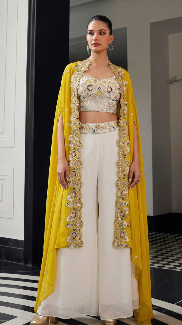 White Indowestern Crop Top Palazzo with Cape Set
