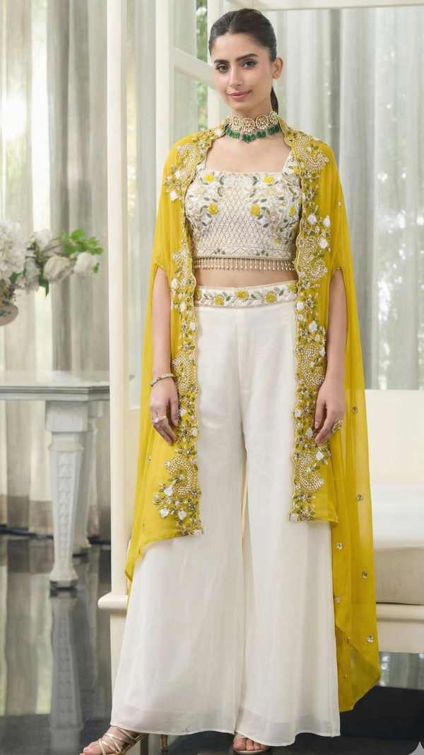 White Indowestern Crop Top Palazzo with Cape Set