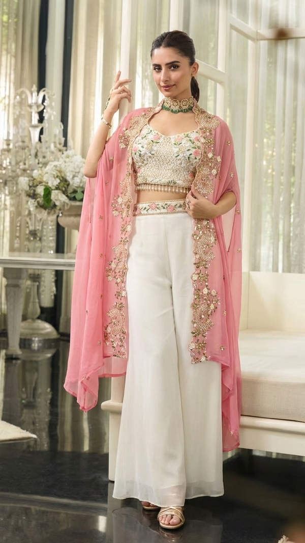 White Indowestern Crop Top Palazzo with Cape Set
