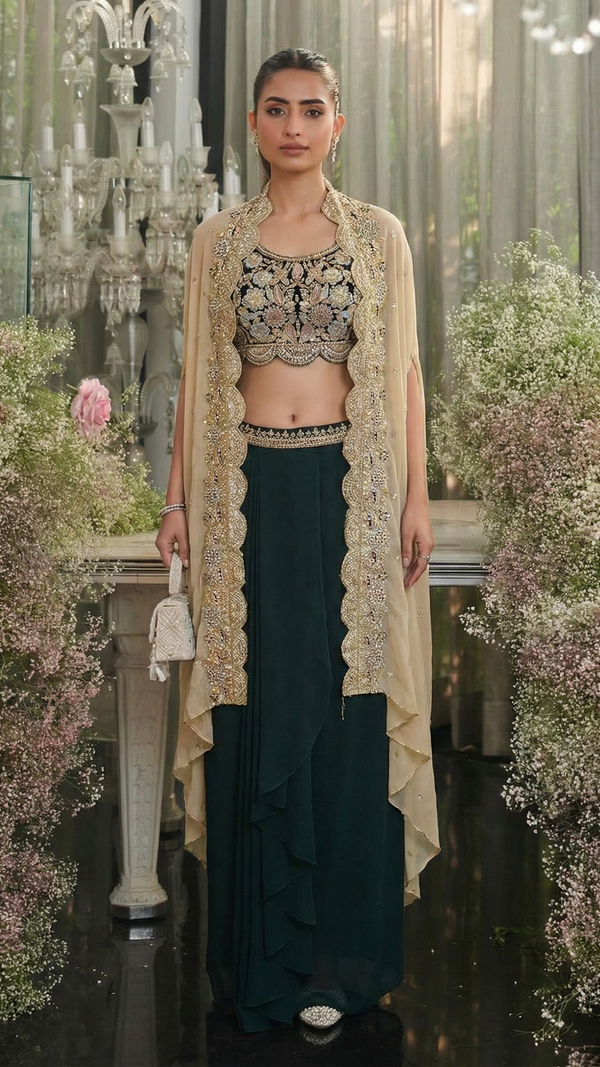 Bottle Green Indowestern Crop Top Draped Skirt with Cape Set