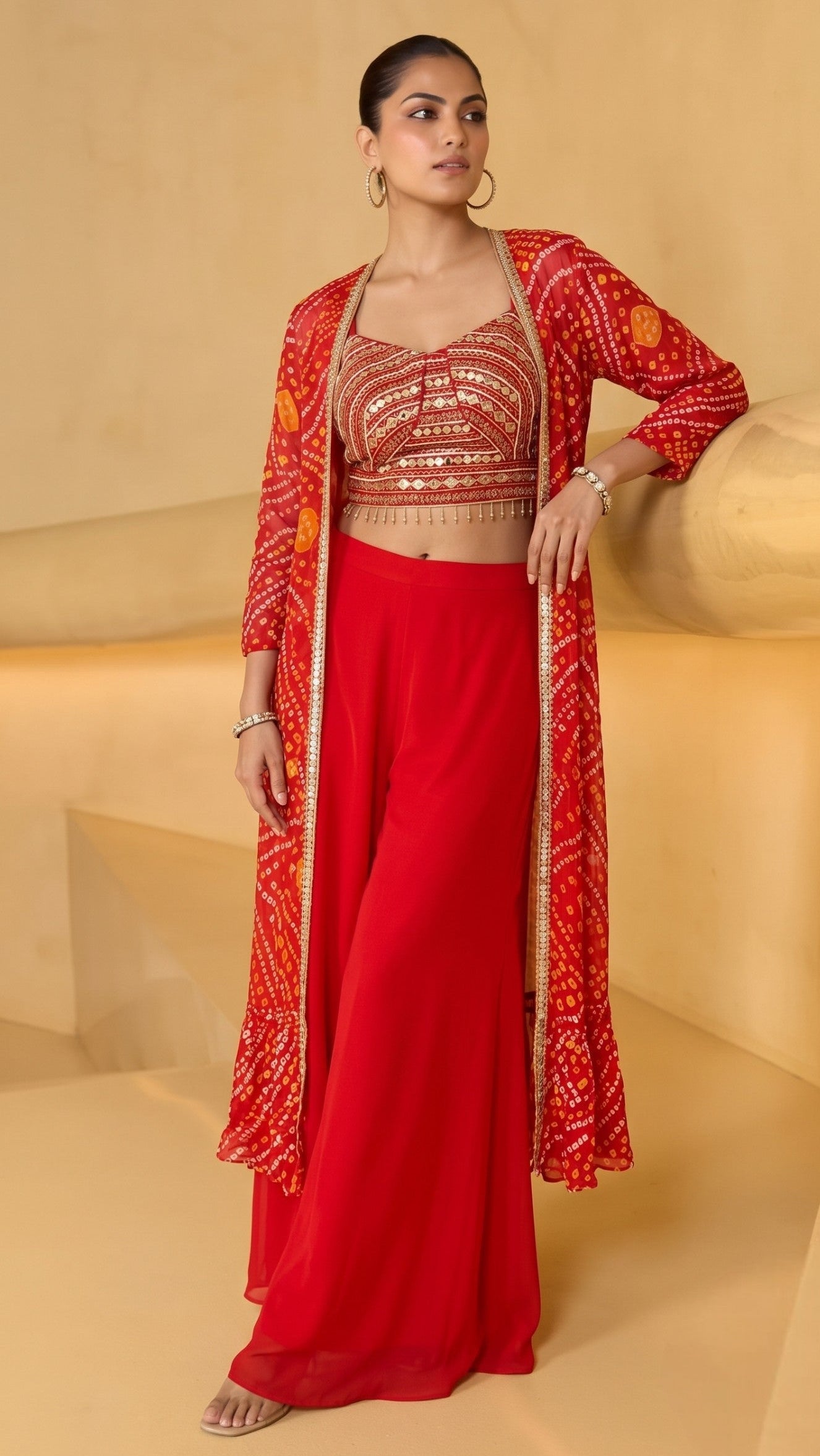 Bright Red Indo western Crop Top Palazzo With Shrug Set – Chikirpolo