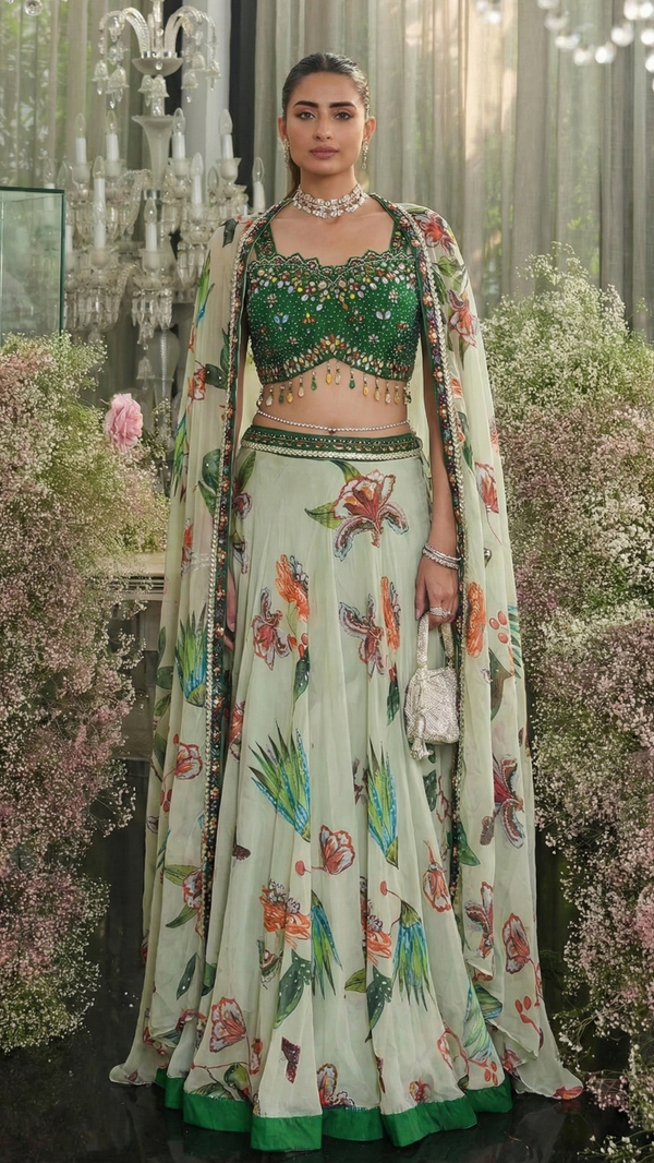 Green Indo-Western Crop Top Lehenga with Cape Set