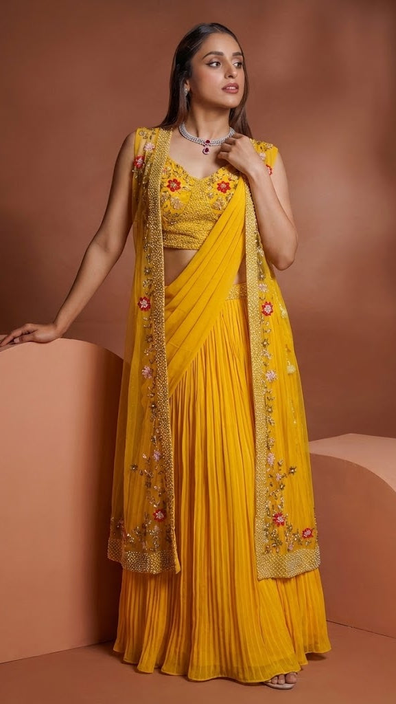 Mustard Indo-Western Crop Top Lehenga Saree with Shrug