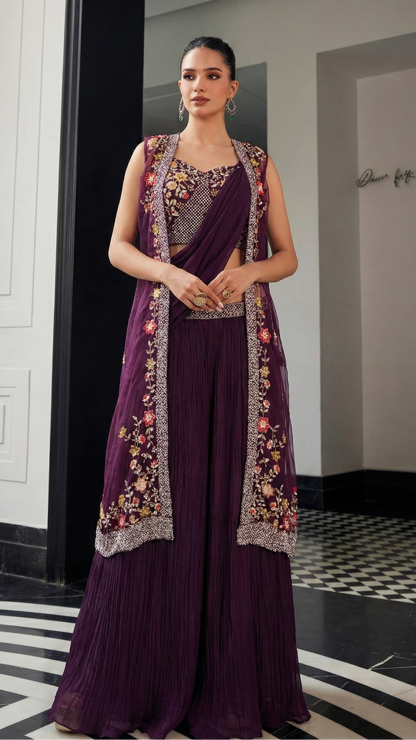 Wine Indo-Western Crop Top Lehenga Saree with Shrug