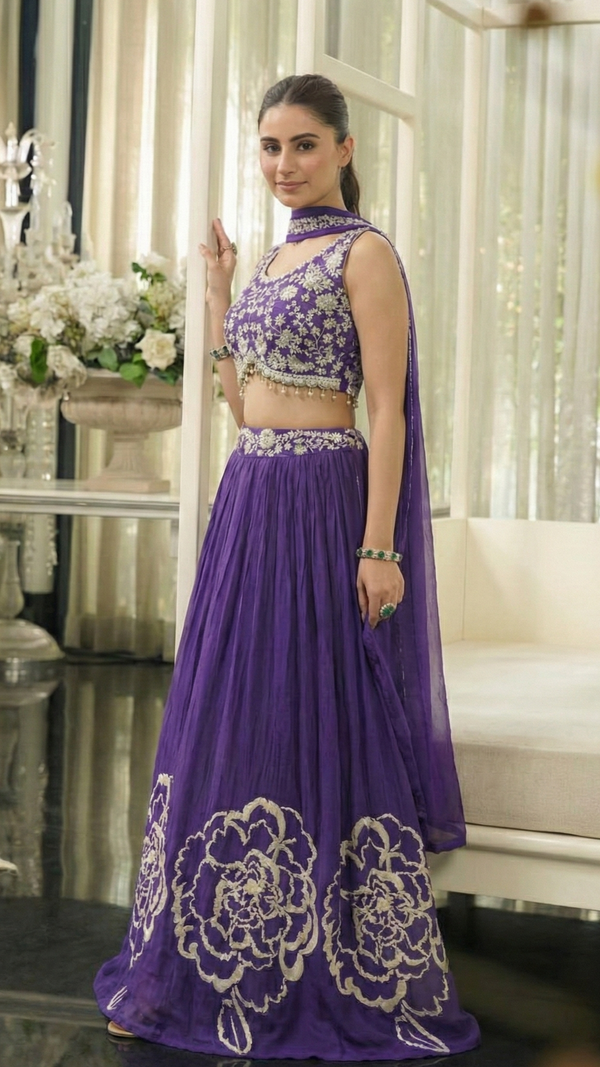 Purple Indowestern Crop Top Palazzo Set