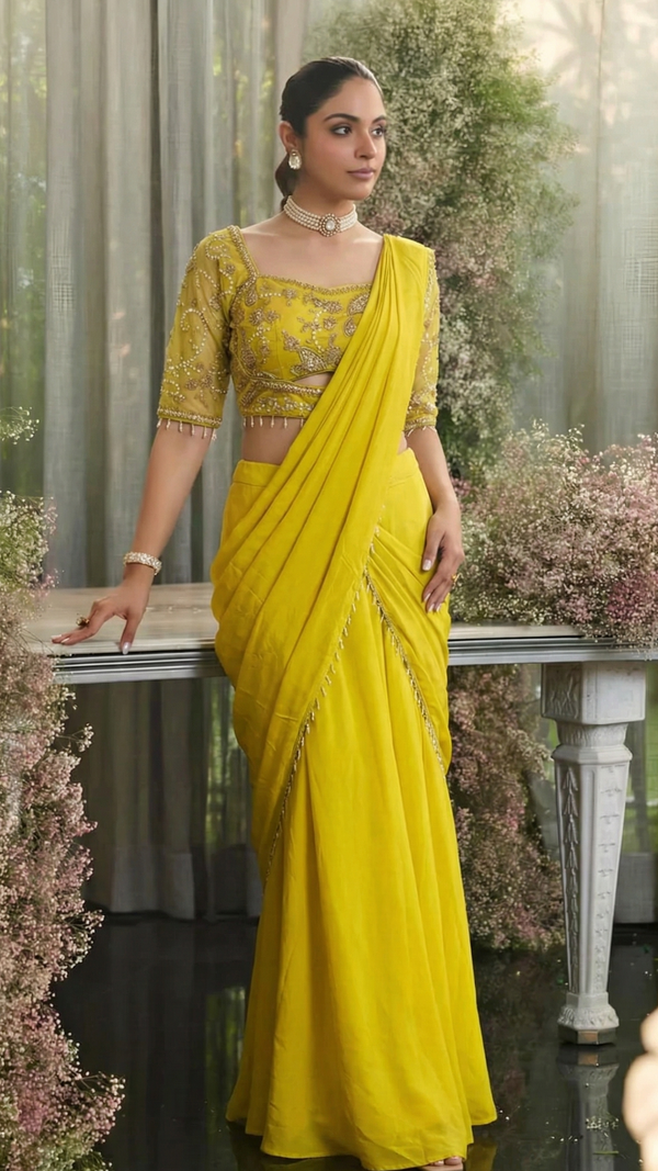Mehndi Green Indo-Western Ready-To-Wear Draped Saree