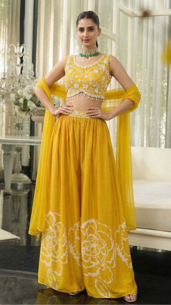 Yellow Indowestern Crop Top Palazzo Set