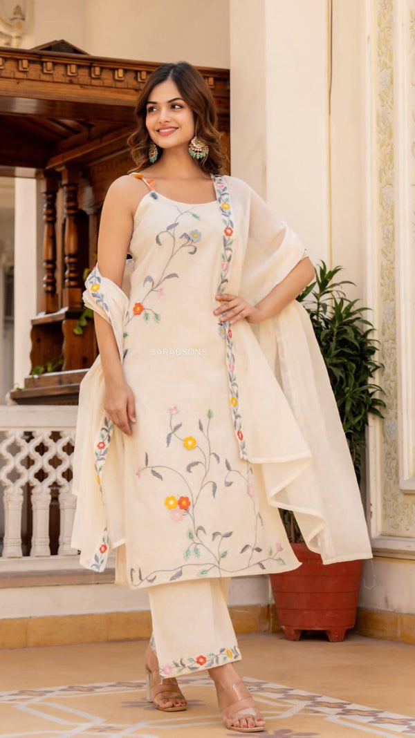 Ivory Spaghetti Strap Cotton Suit Set - Palazzo Set