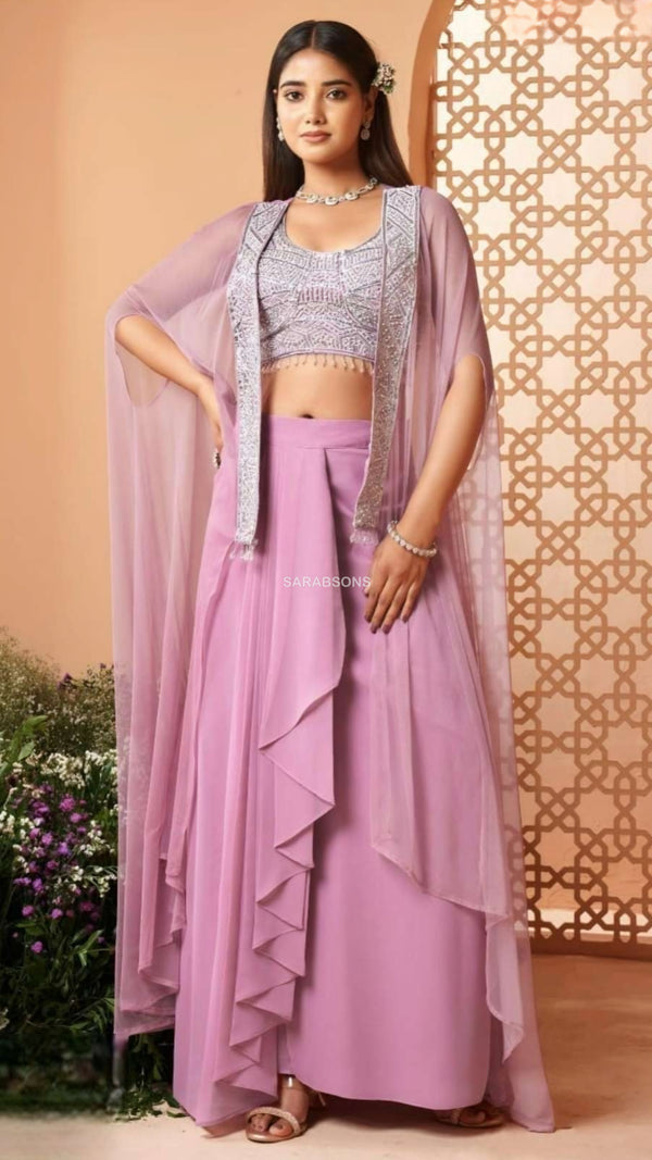 Lavender Indo-Western Crop Top Draped Skirt with Cape Set
