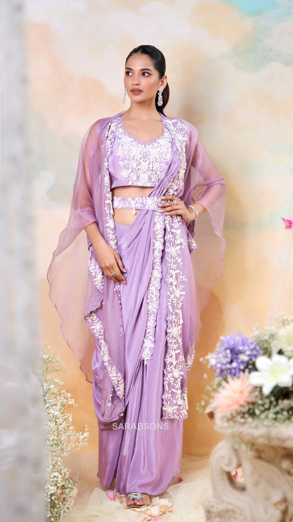 Lilac Indo-Western Ready-to-Wear Draped Saree with Belt and Cape Set
