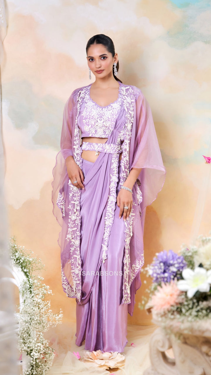 Lilac Indo-Western Ready-to-Wear Draped Saree with Belt and Cape Set
