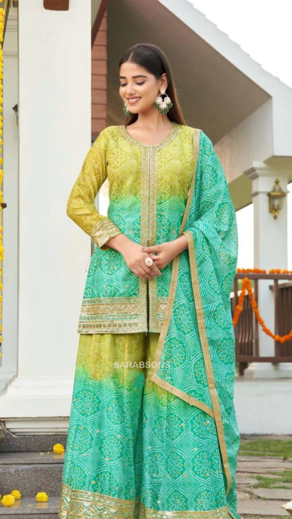Lime-Emerald Green Ombre Bandhani Short Kurti Palazzo Suit Set-Palazzo Set
