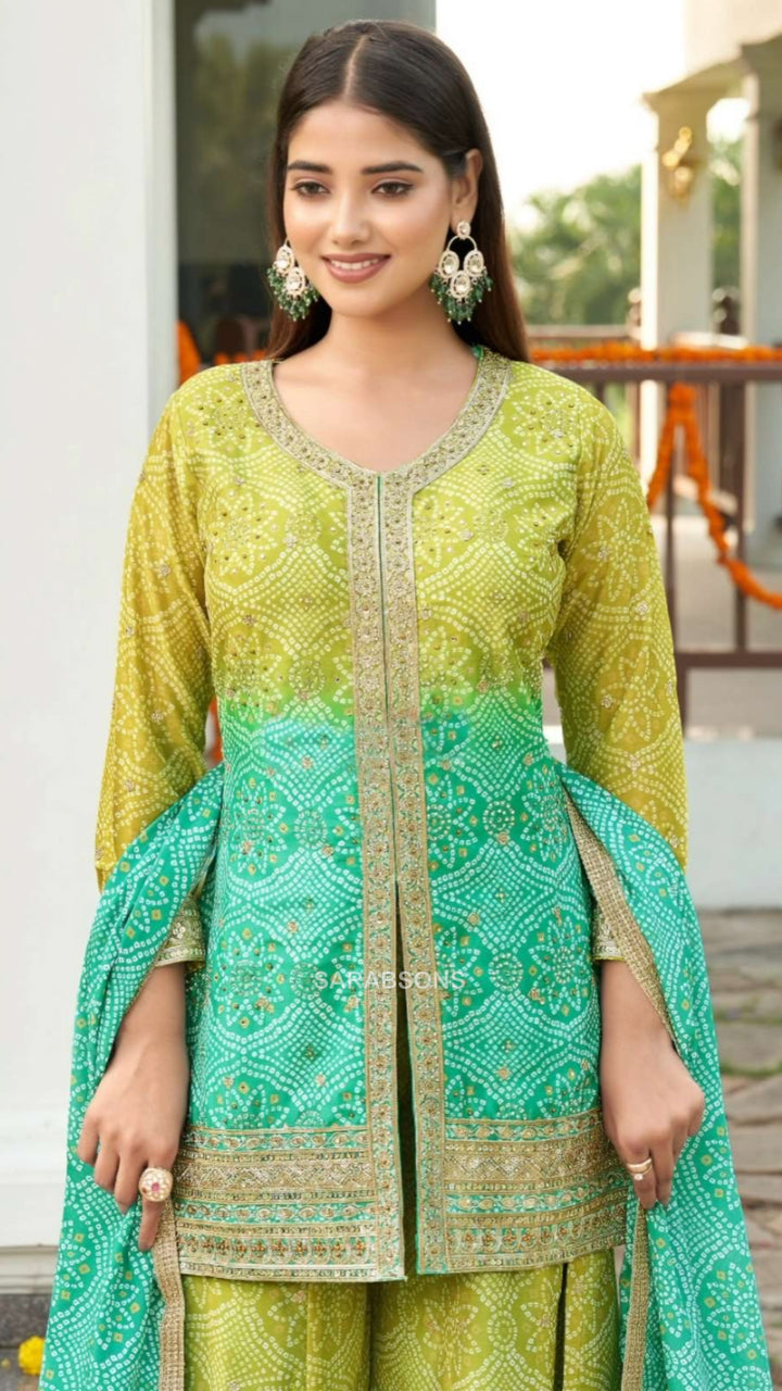 Lime-Emerald Green Ombre Bandhani Short Kurti Palazzo Suit Set-Palazzo Set
