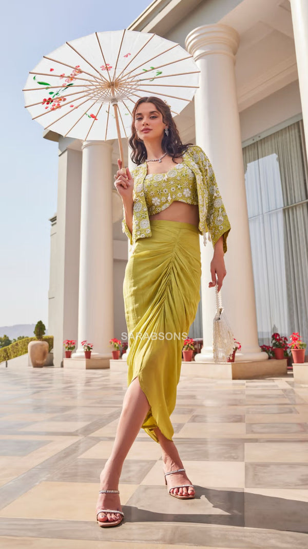 Lime Green Indo-Western Crop Top Draped Skirt with Jacket Set
