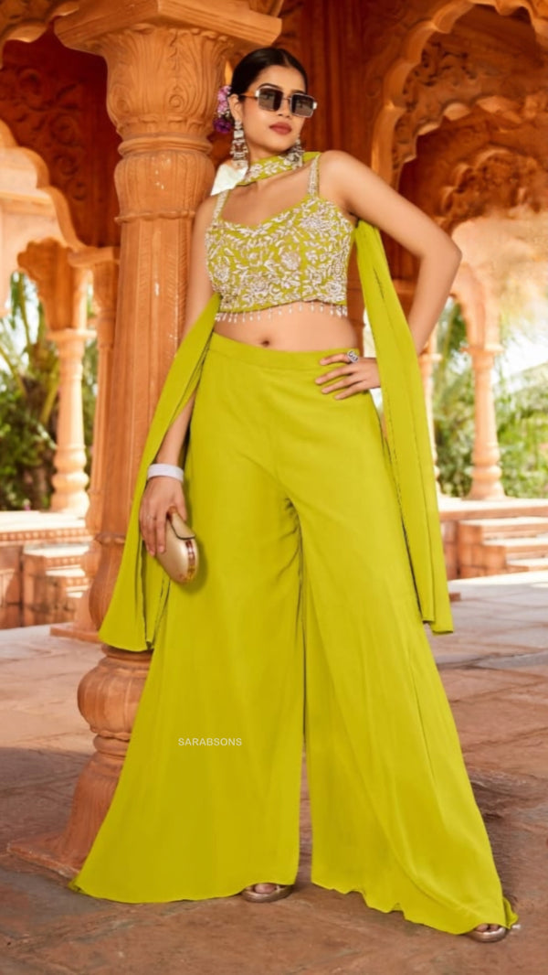 Lime Green Indo-Western Crop Top Palazzo with Choker Dupatta Set
