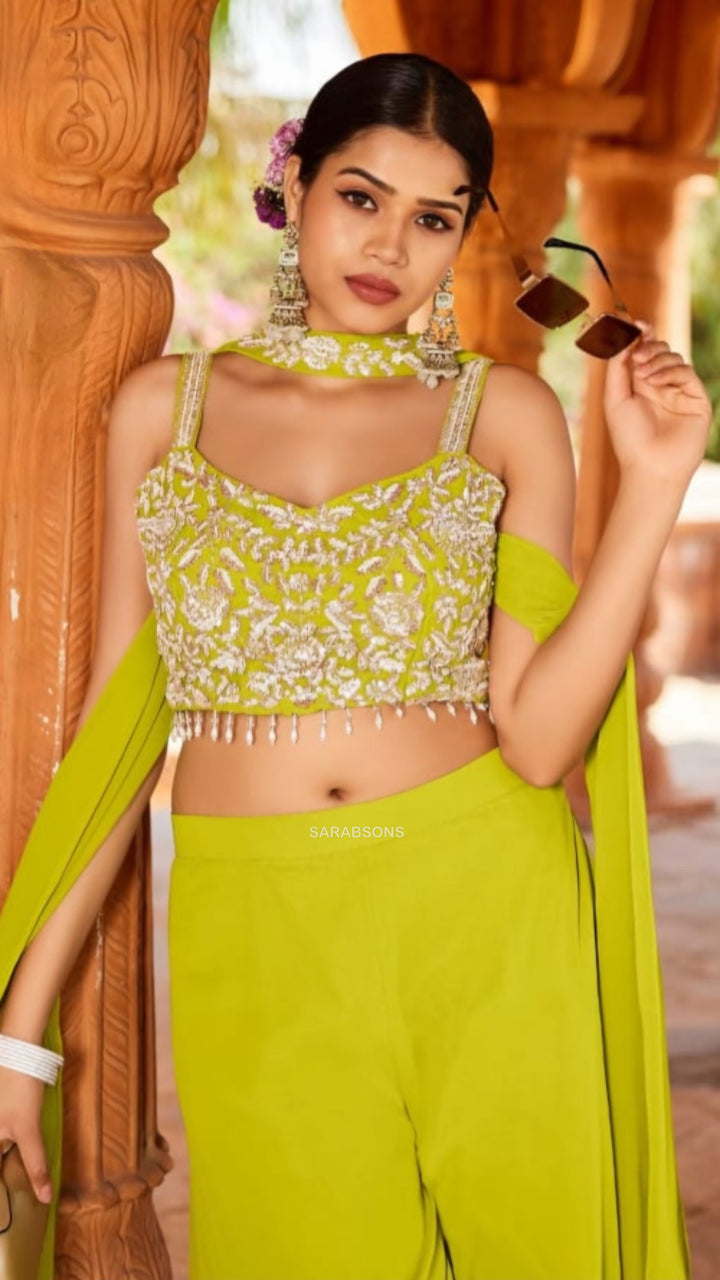 Lime Green Indo-Western Crop Top Palazzo with Choker Dupatta Set
