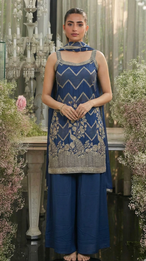 Blue Short Kurti Palazzo Suit Set-Palazzo Set
