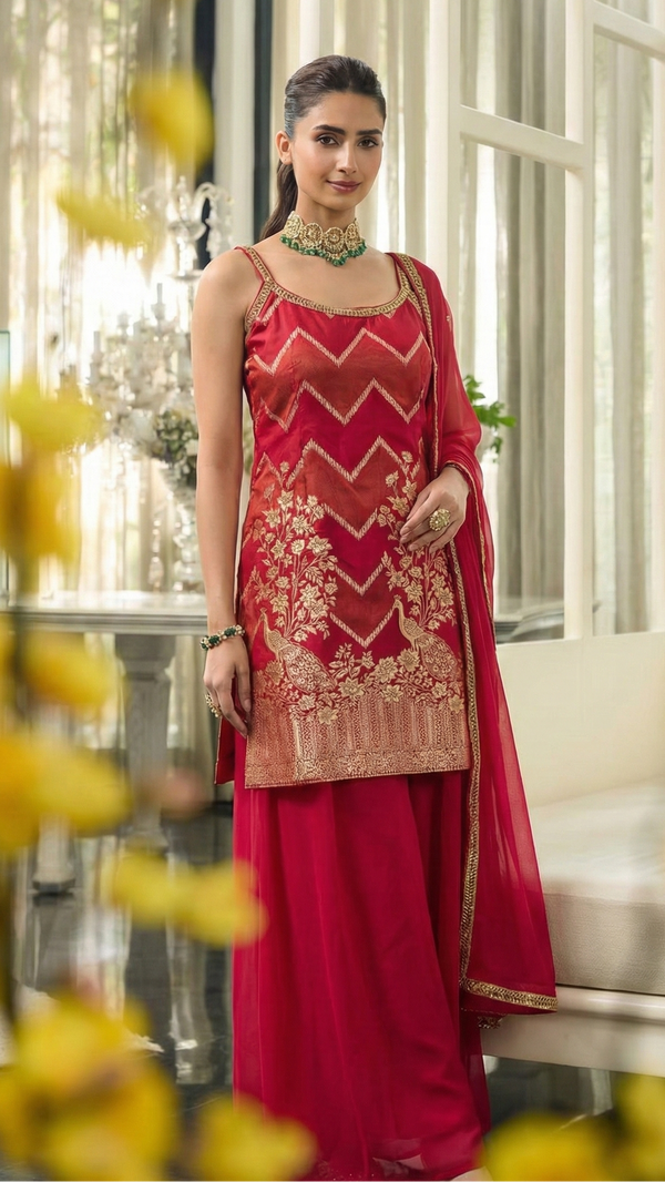 Hot Pink Short Kurti Palazzo Suit Set-Palazzo Set