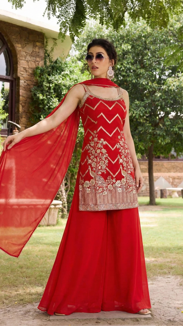 Red Short Kurti Palazzo Suit Set-Palazzo Set
