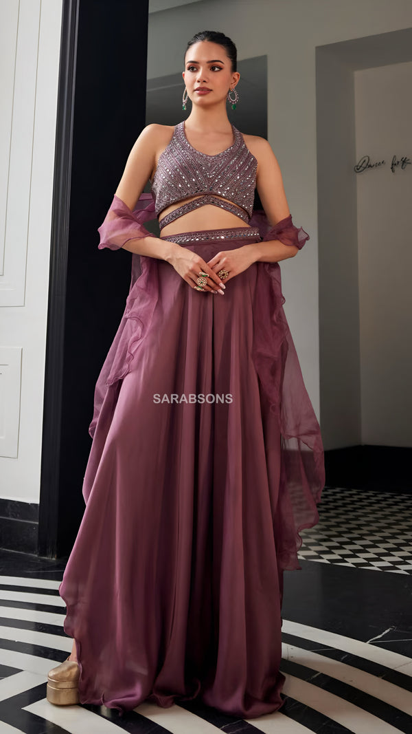 Mauve Indo-Western Halter-Neck Crop Top Palazzo with Ruffle Dupatta Set
