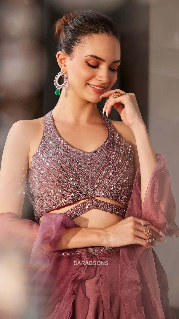 Mauve Indo-Western Halter-Neck Crop Top Palazzo with Ruffle Dupatta Set
