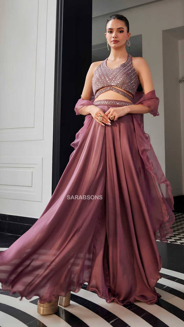 Mauve Indo-Western Halter-Neck Crop Top Palazzo with Ruffle Dupatta Set
