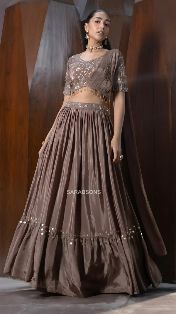 Mocha Brown Indo-Western Crop Top Skirt with attached Draped Dupatta Set
