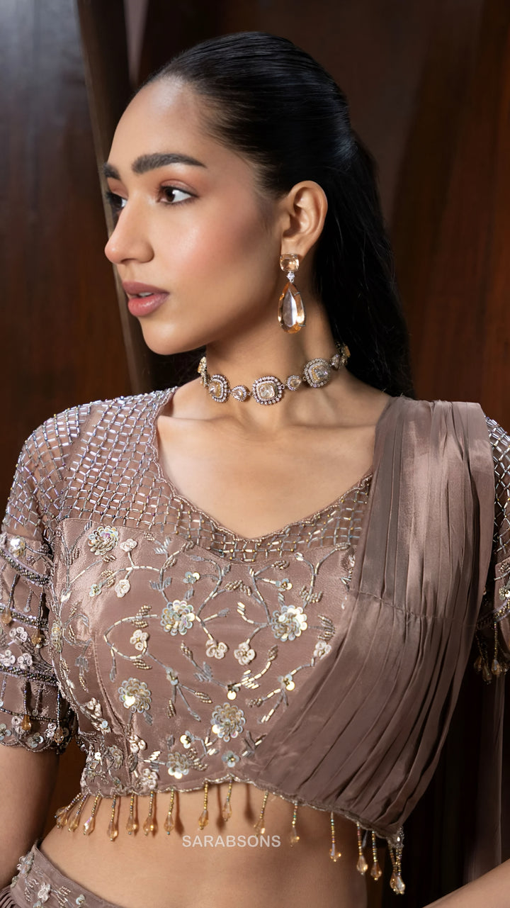 Mocha Brown Indo-Western Crop Top Skirt with attached Draped Dupatta Set
