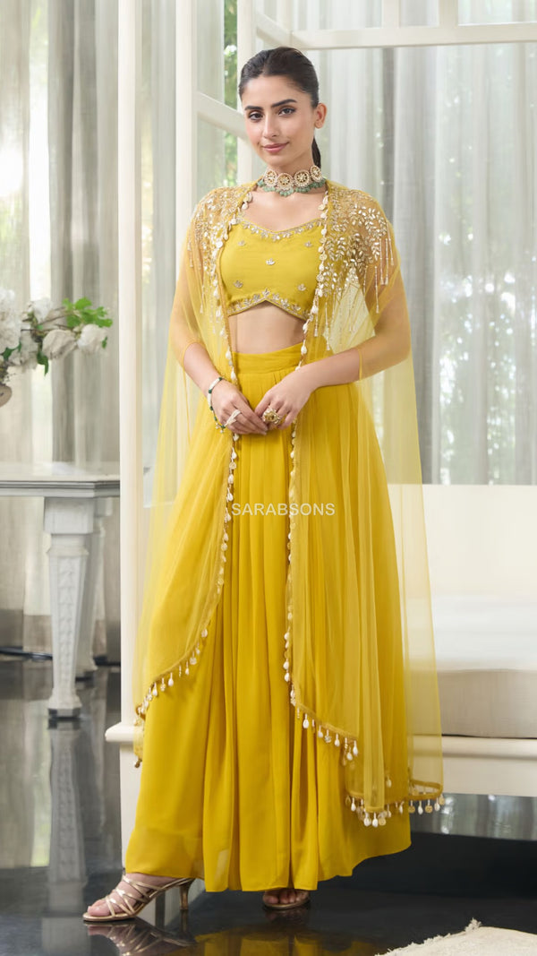 Mustard Yellow Indo-Western Spaghetti Strap Crop Top Draped Skirt with Cape Set

