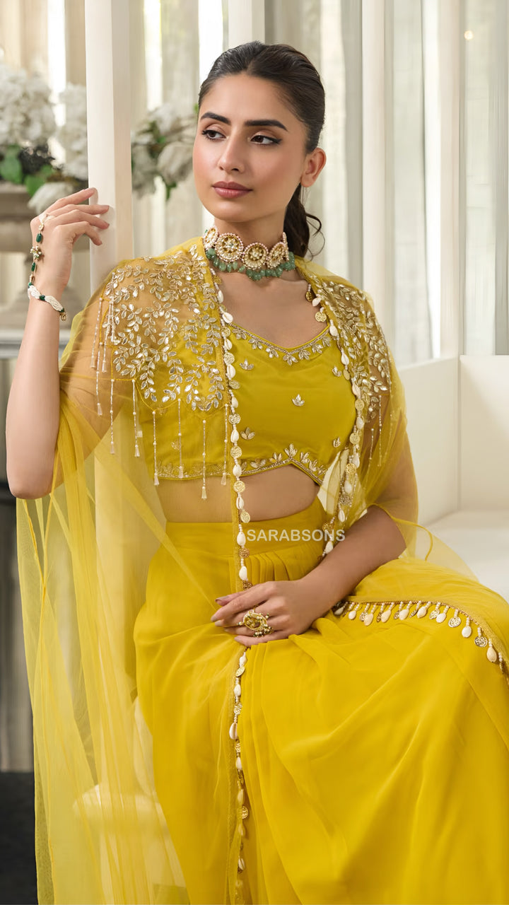 Mustard Yellow Indo-Western Spaghetti Strap Crop Top Draped Skirt with Cape Set
