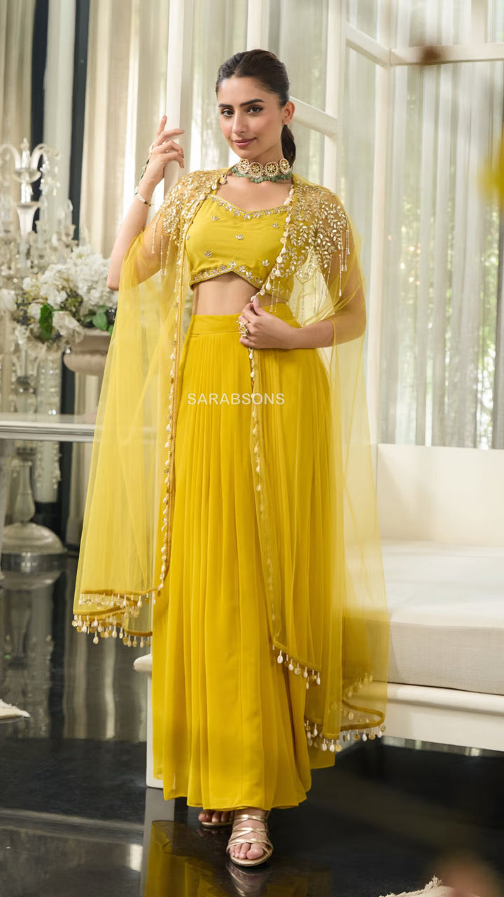 Mustard Yellow Indo-Western Spaghetti Strap Crop Top Draped Skirt with Cape Set
